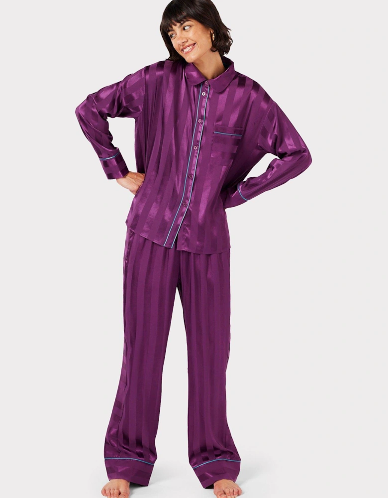 Satin Stripe Long Pyjama Set - Purple