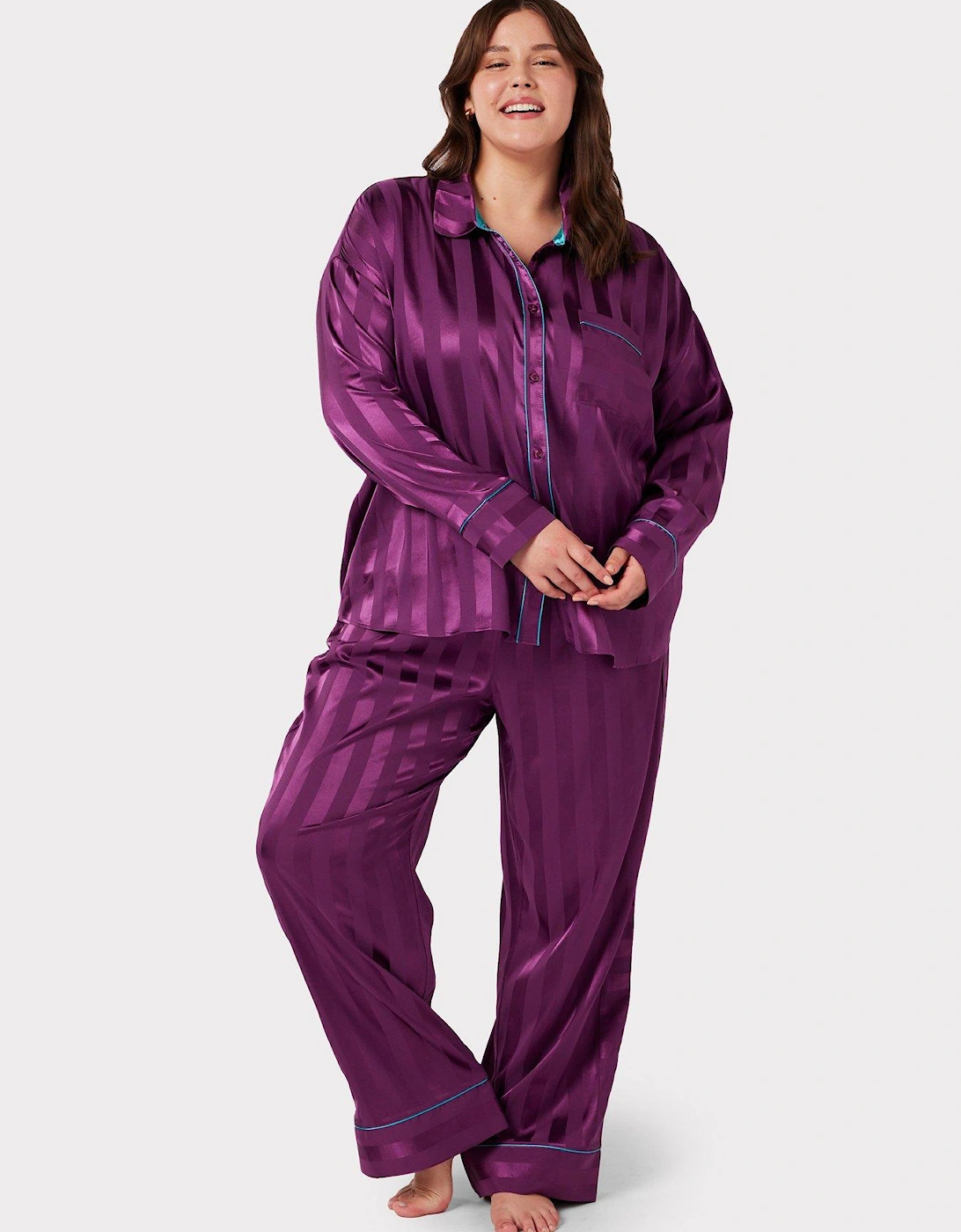 Curve Satin Stripe Pyjama Set - Purple, 2 of 1