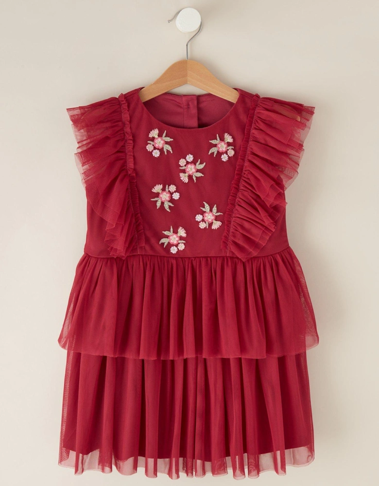 Children's Tiered Embroidered Mesh Dress - Red