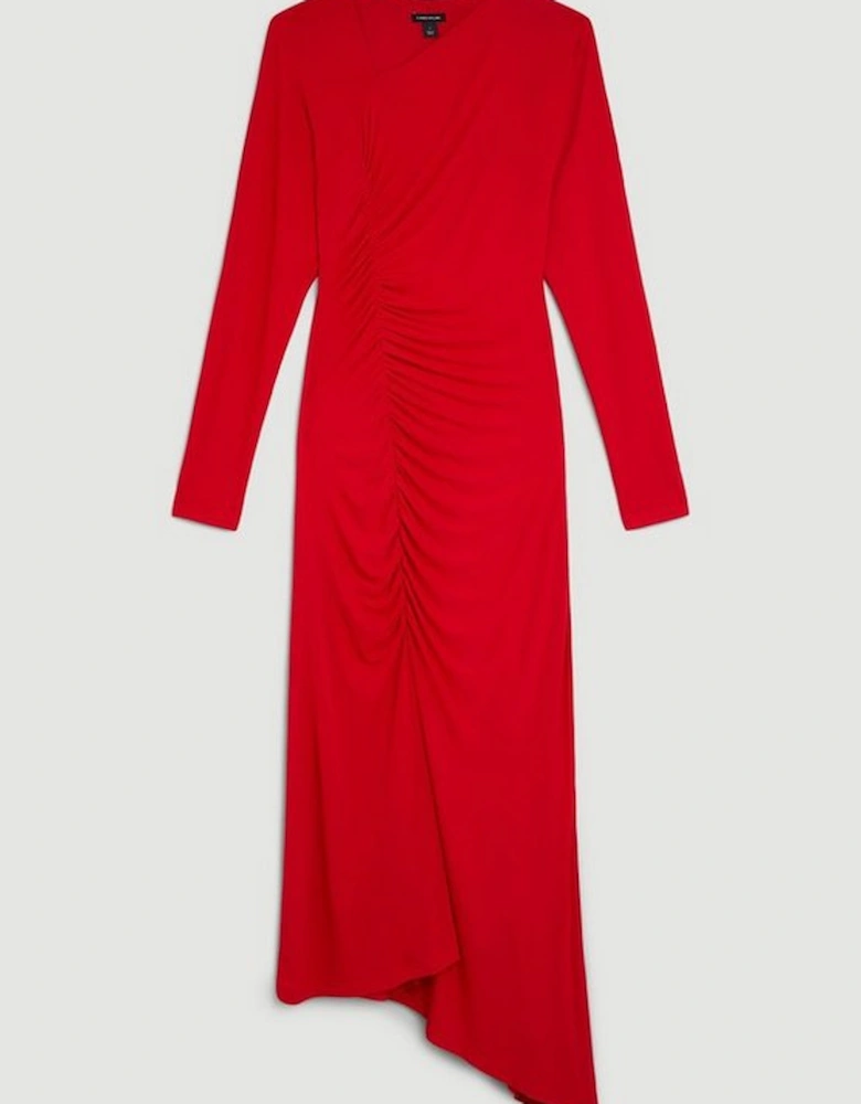 Jersey Crepe Ruched Long Sleeve Maxi Dress