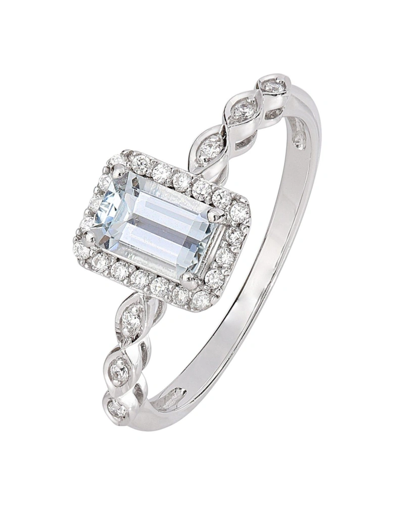 Arrosa 9ct White Gold Aquamarine & 0.10ct Diamond Ring
