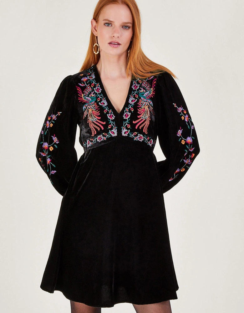 Verina Velvet Embroidered Dress - Black