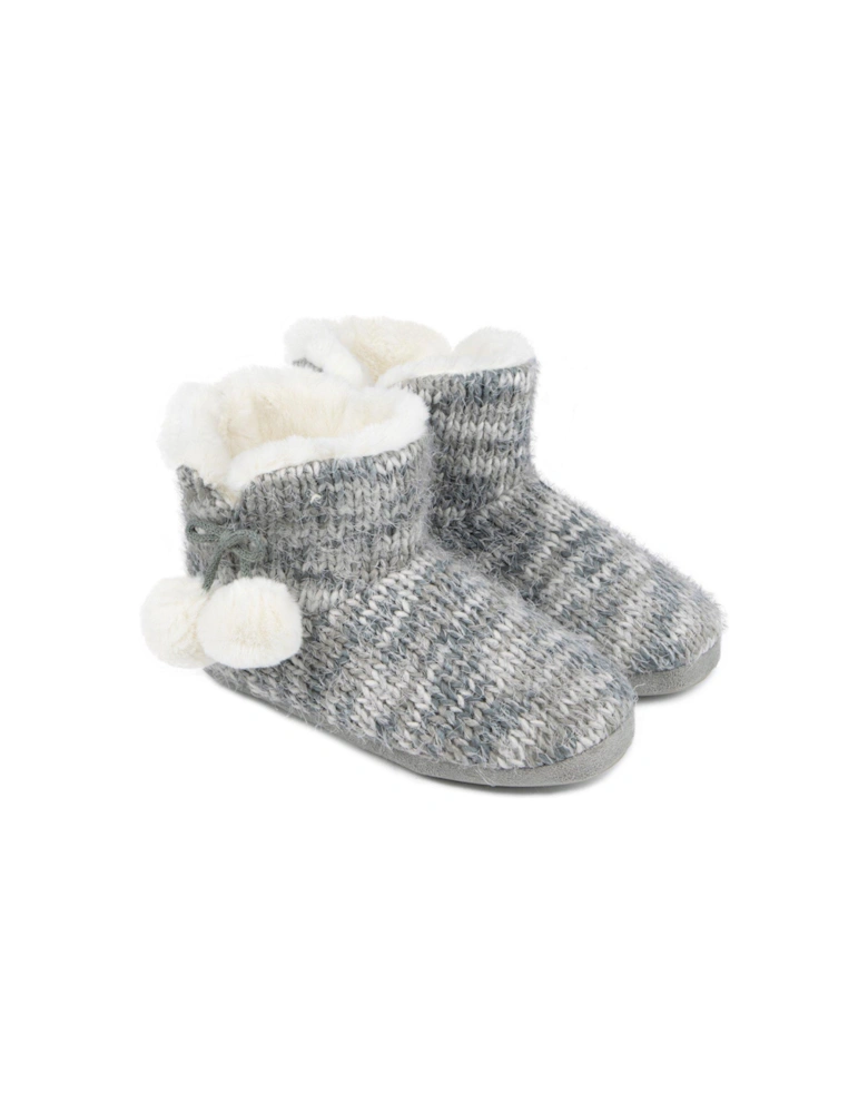 Knitted Boot Slippers With Pom - Grey