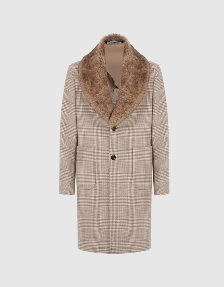 Wool Check Faux Fur Lapel Coat