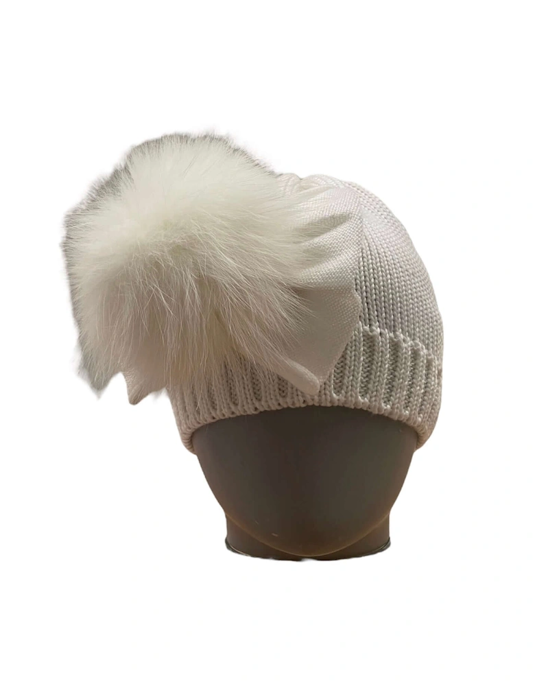 Girls Cream Marino Wool Fur Bow Hat