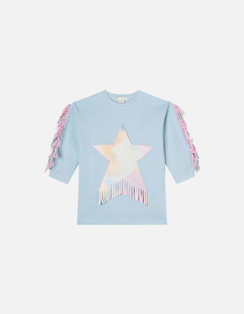 Girls Blue Cotton Star Fringe Sweatshirt Dress