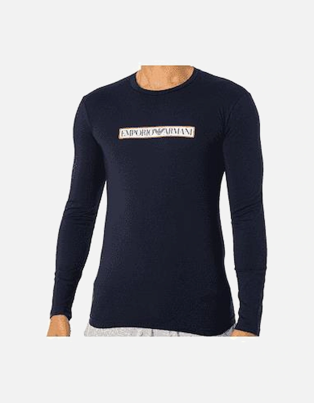 Cotton Print Logo Round Neck Navy Long Sleeve T-Shirt