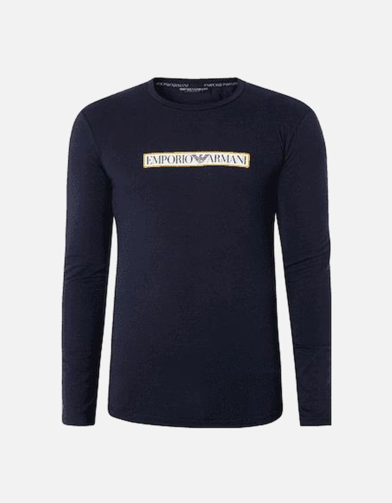 Cotton Print Logo Round Neck Navy Long Sleeve T-Shirt