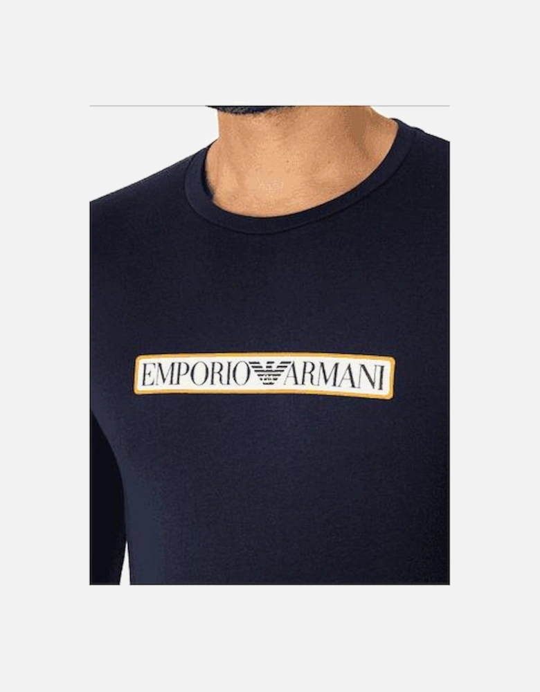 Cotton Print Logo Round Neck Navy Long Sleeve T-Shirt