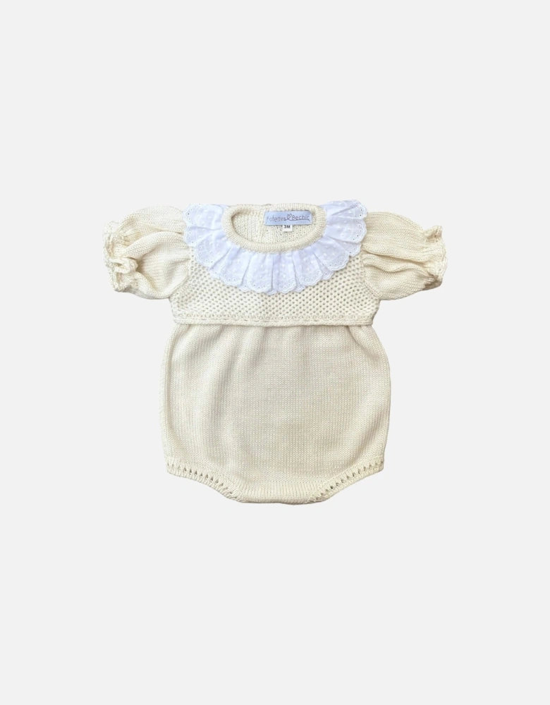 Baby Girls Beige Romper with Broderie Anglaise Collar