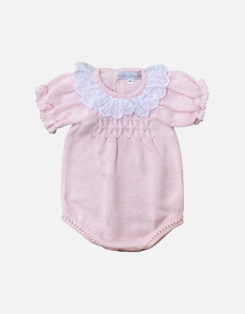 Baby Girls Pink Knitted Romper with Broderie Anglaise Collar