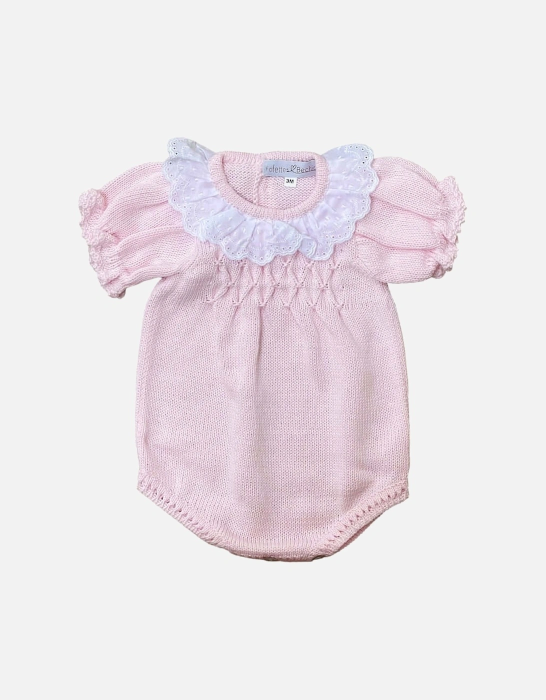 Baby Girls Pink Knitted Romper with Broderie Anglaise Collar, 2 of 1