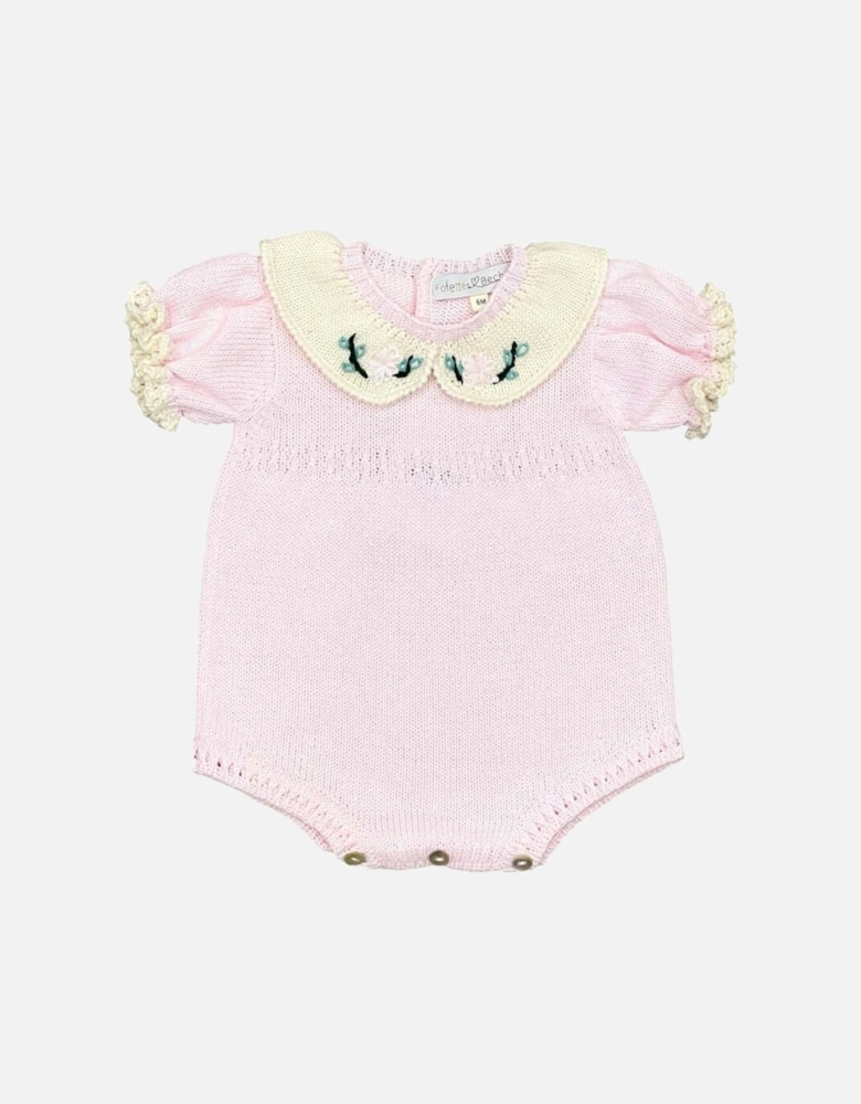 Baby Girls Pink Knitted Romper with Embroidered Flowers