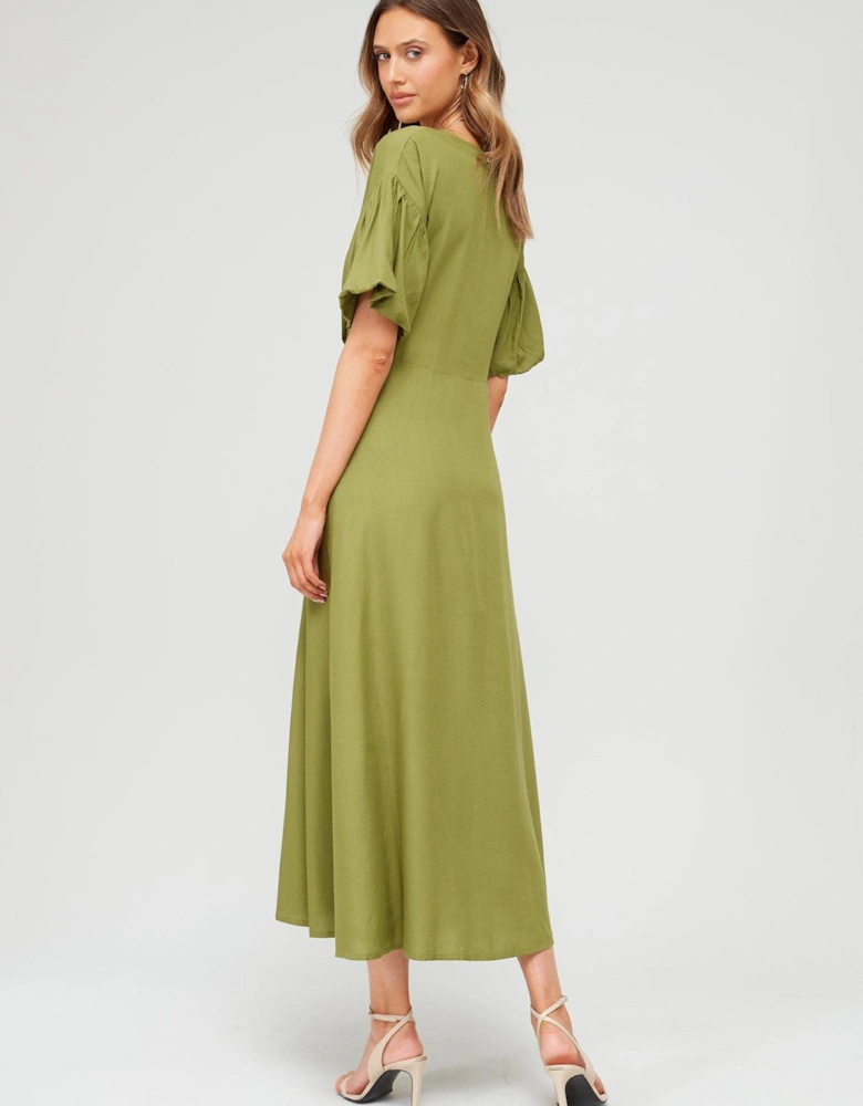 Puff Sleeve Button Through Midaxi Dress - Green