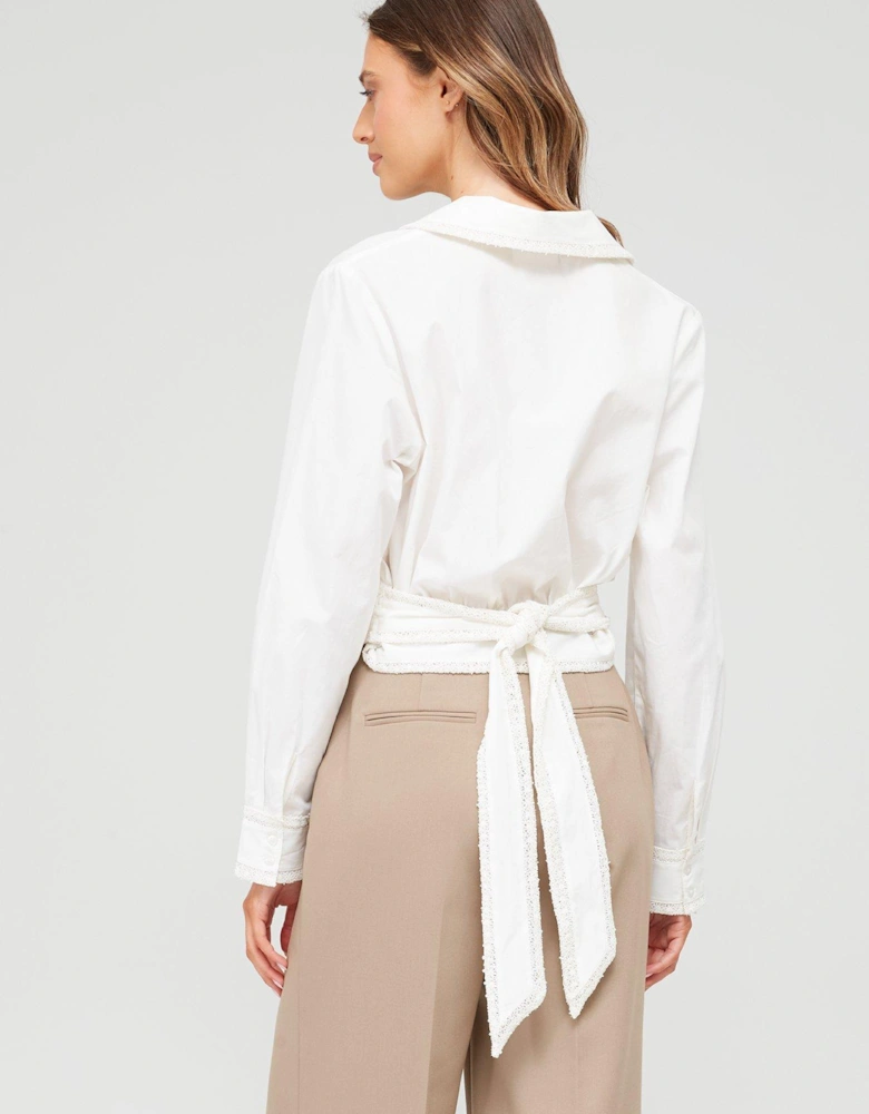 Broidery Trim Poplin Wrap Shirt - White
