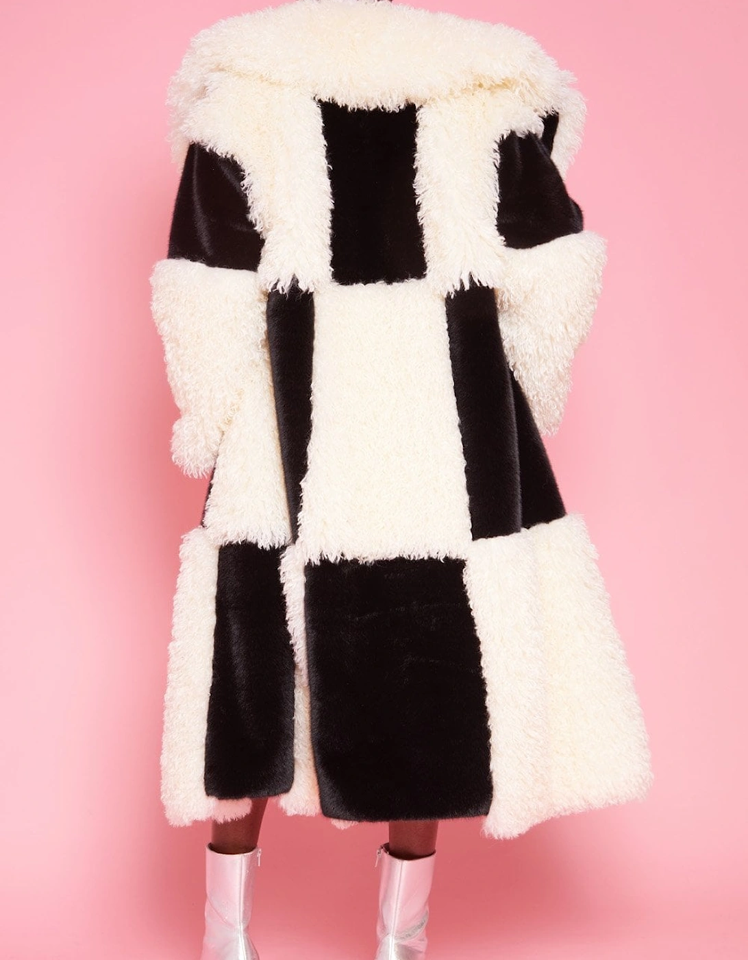 Faux Fur Bamboo Checked Maxi Coat