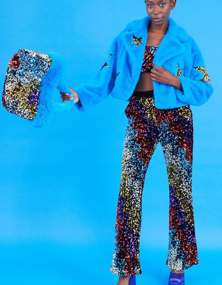 Blue Bamboo Faux Fur Sequins Star Jacket