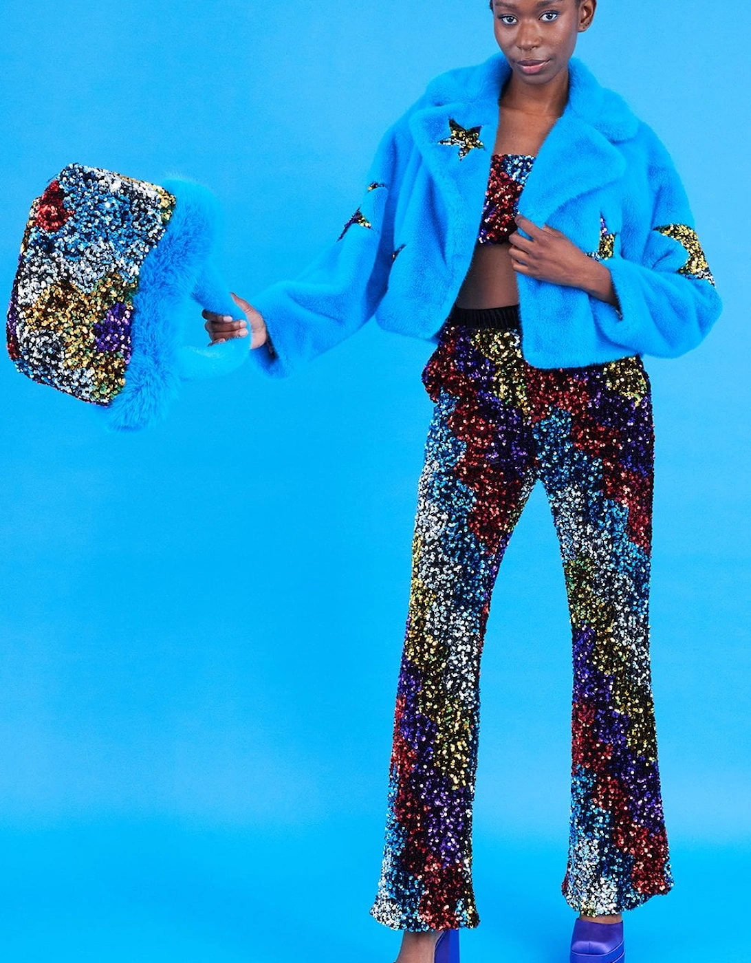 Blue Bamboo Faux Fur Sequins Star Jacket