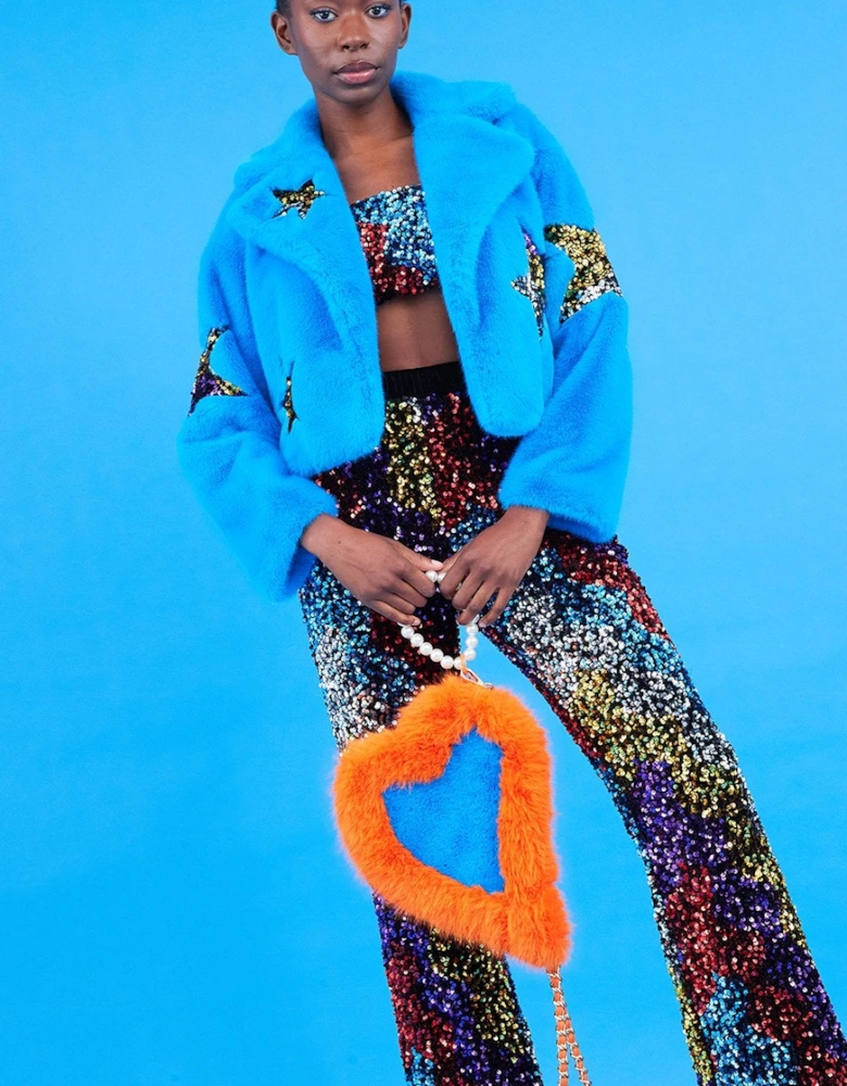 Blue Bamboo Faux Fur Sequins Star Jacket
