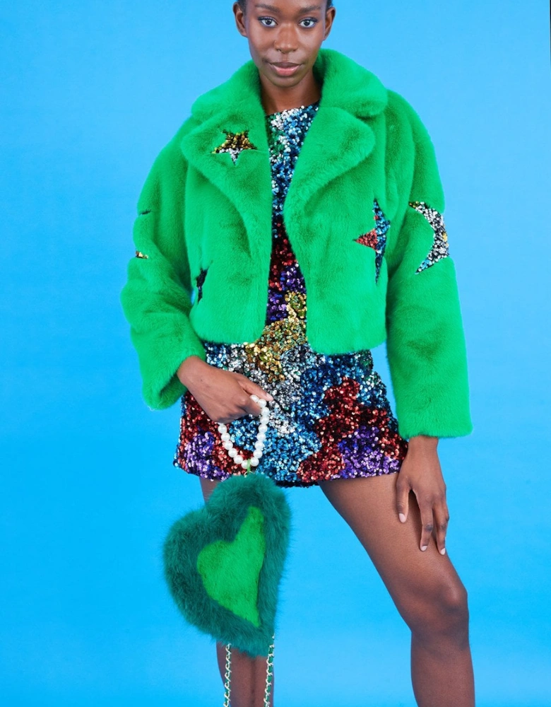 Green Bamboo Faux Fur Sequins Star Jacket