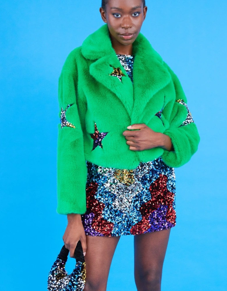 Green Bamboo Faux Fur Sequins Star Jacket