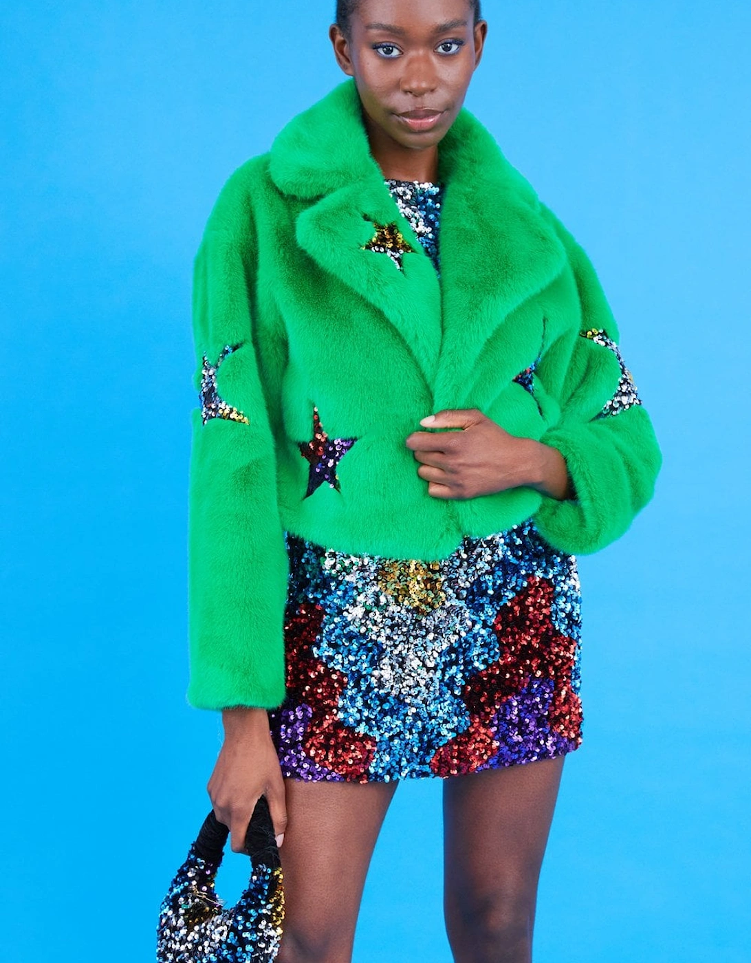 Green Bamboo Faux Fur Sequins Star Jacket, 5 of 4