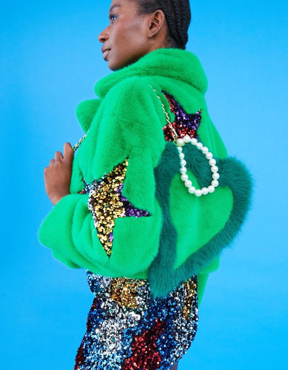 Green Bamboo Faux Fur Sequins Star Jacket