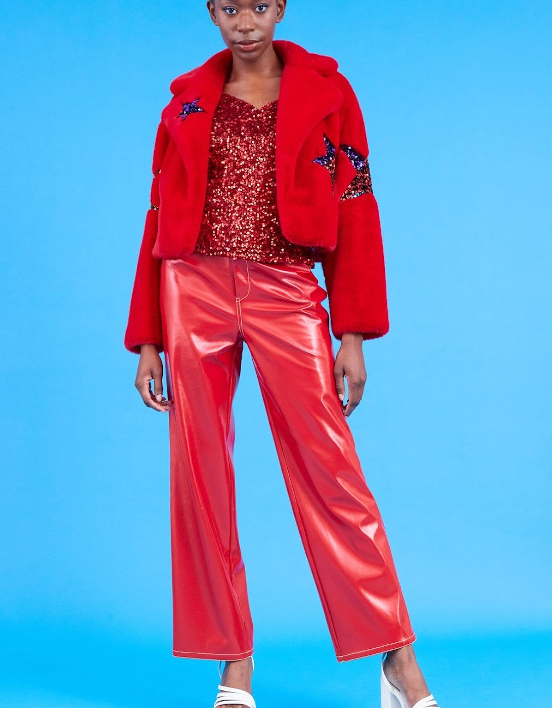 Red Bamboo Faux Fur Sequins Star Jacket