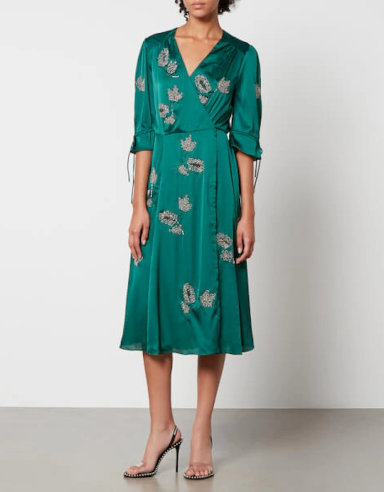 Hope & Ivy Harley Bead-Embellished Satin Midi Wrap Dress