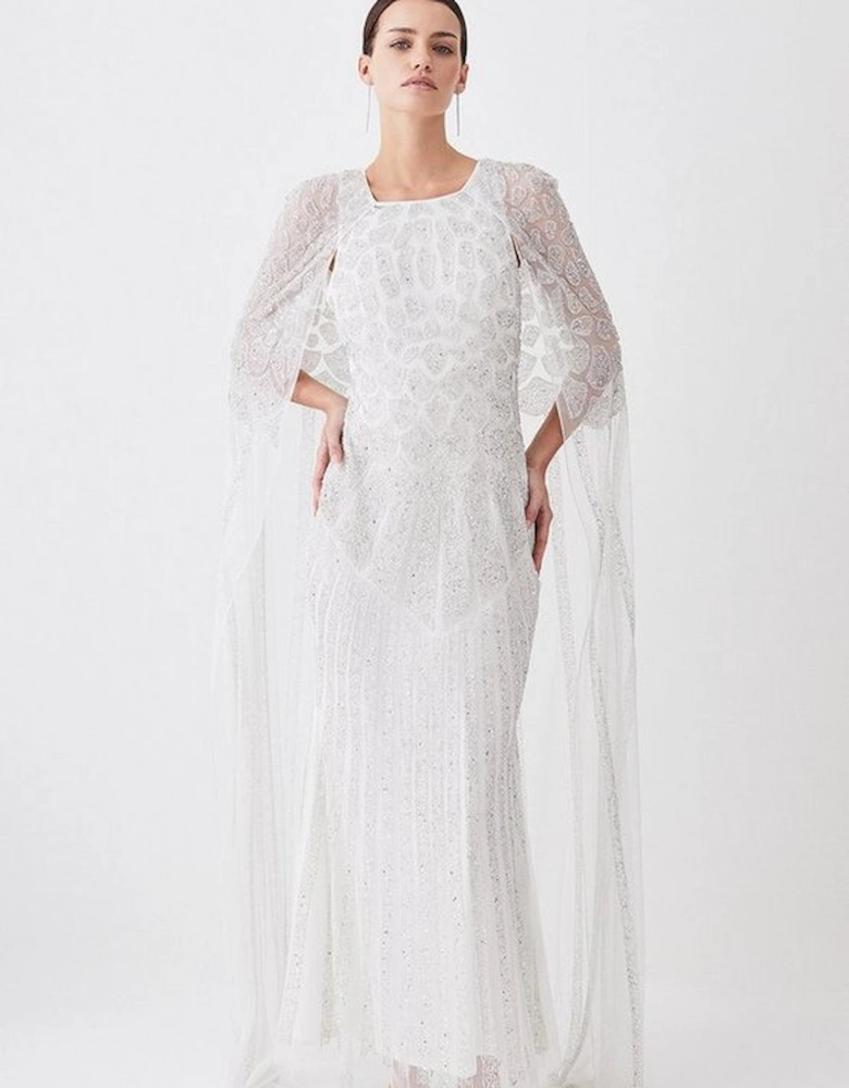 Petite Premium Embellished Caped Woven Maxi Dress