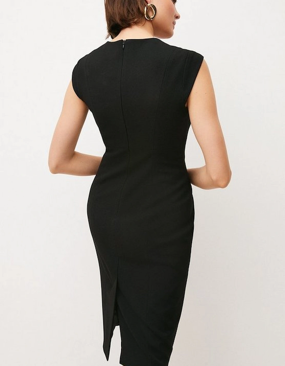 Tailored Structured Crepe Envelope Neck Pencil Midi Dress