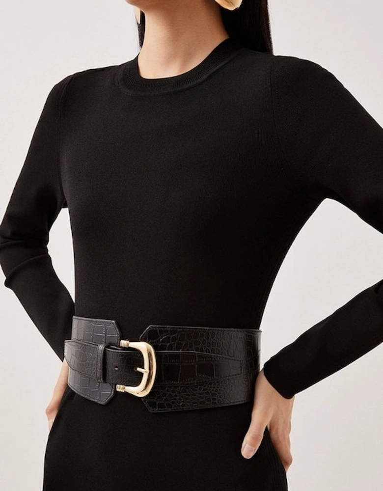 Leather Croc Wide Waist Belt