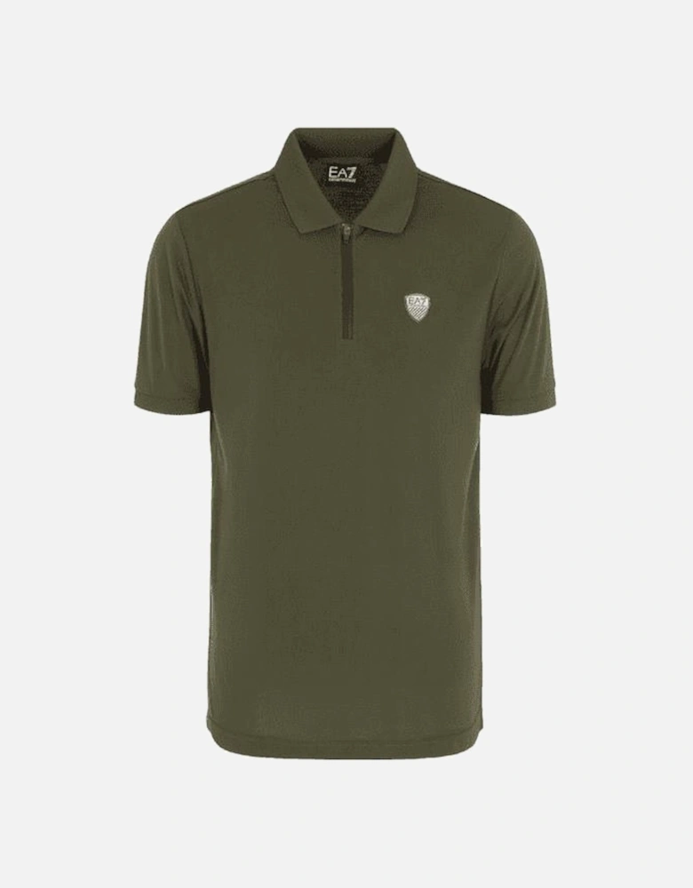 Cotton Badge Logo Quarter Zip Green Polo Shirt