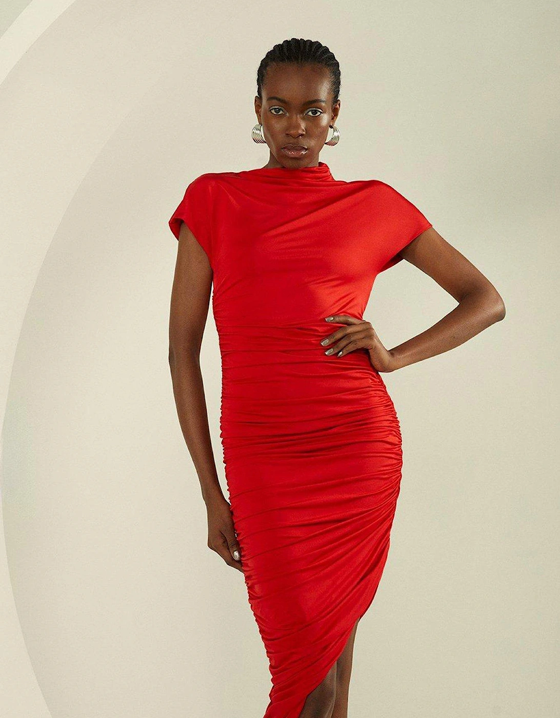 Slinky Ruched Asymetric Midi Dress - Red, 5 of 4