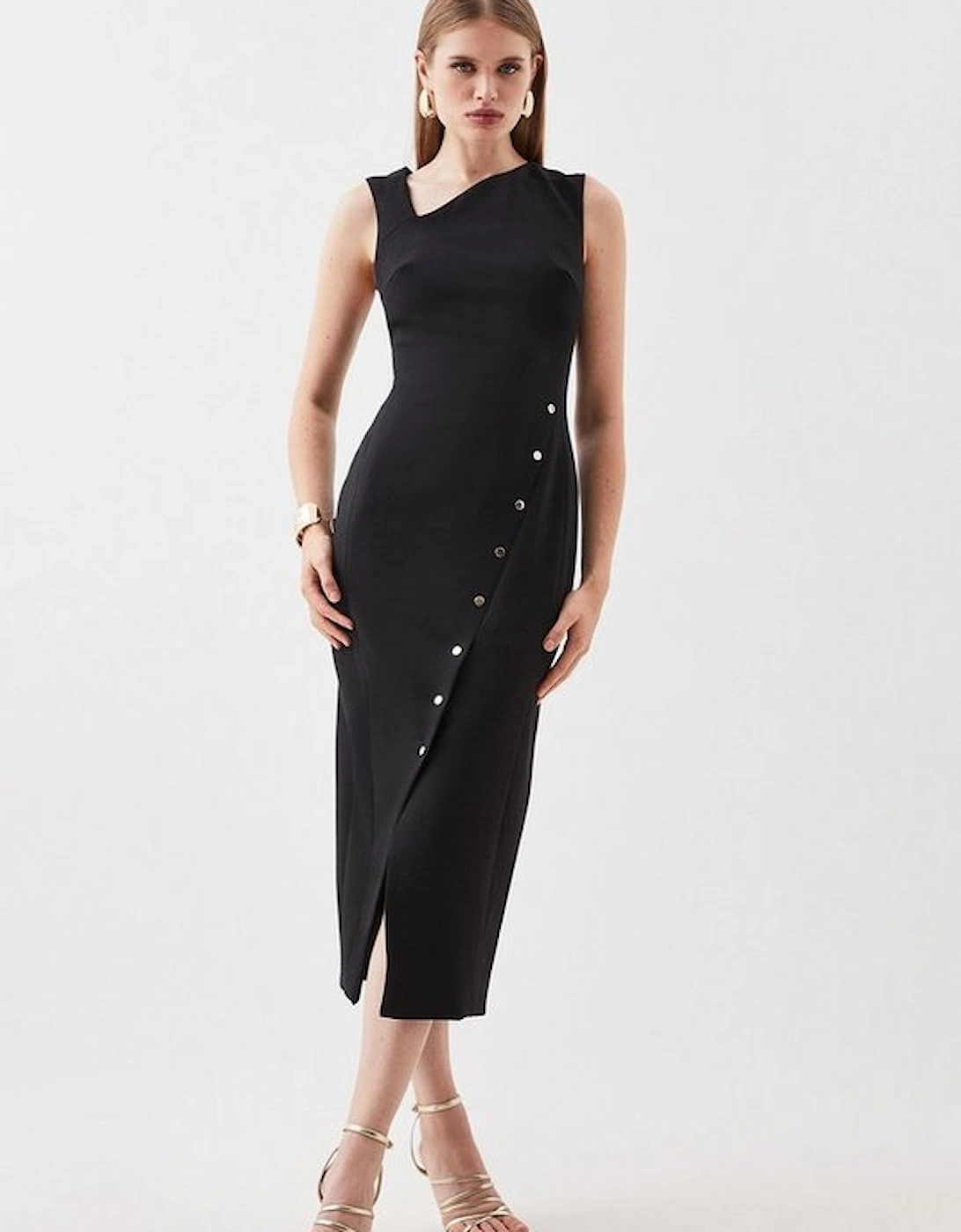Tailored Compact Stretch Asymmetric Button Detail Midi Pencil Dress, 5 of 4