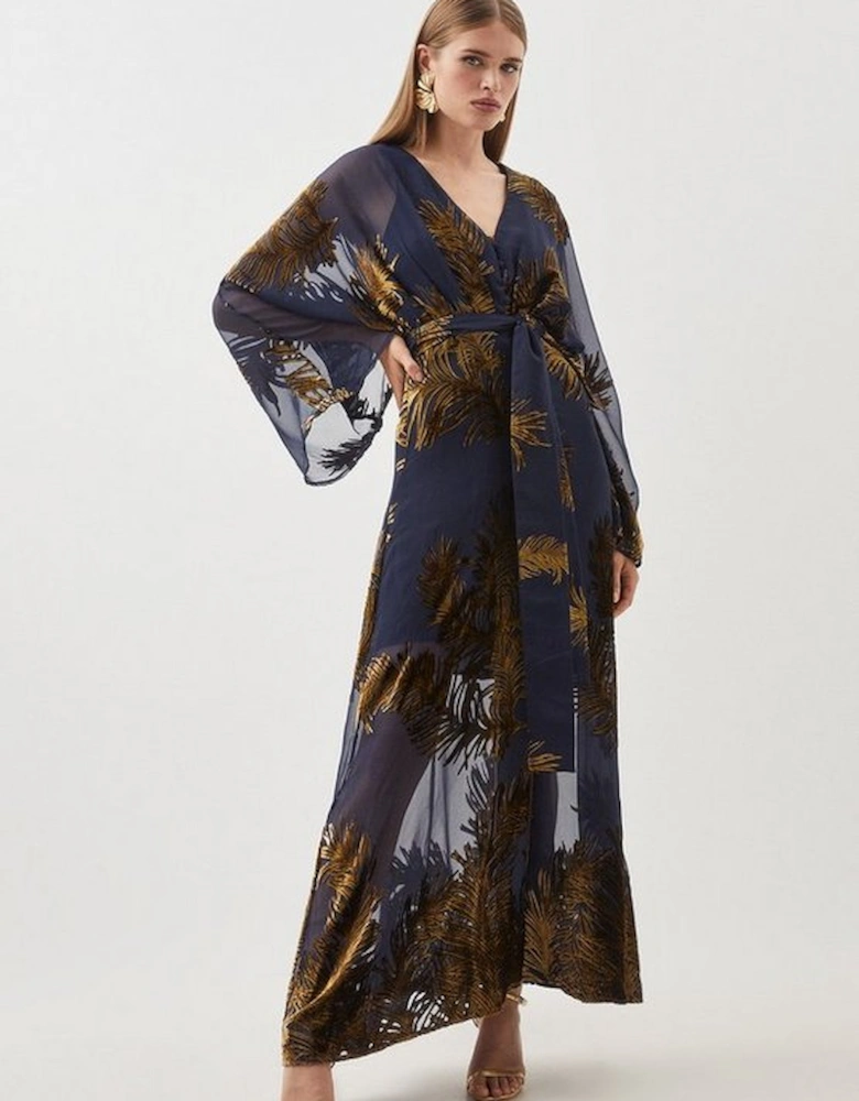 Feather Devore Woven Kimono Maxi Dress