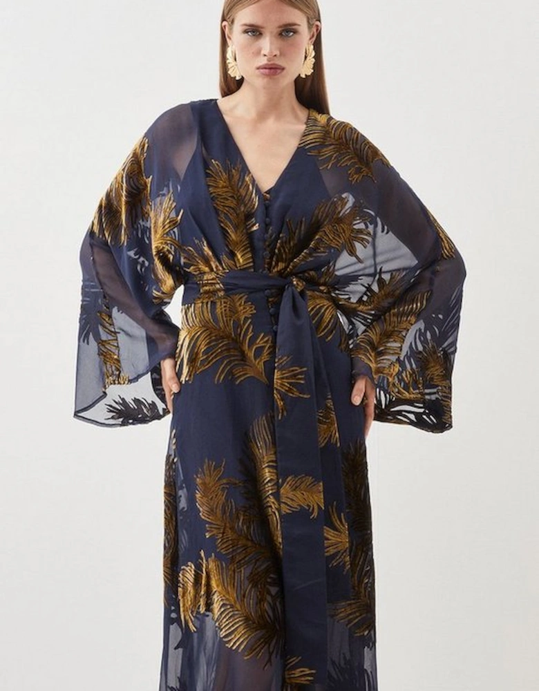 Feather Devore Woven Kimono Maxi Dress