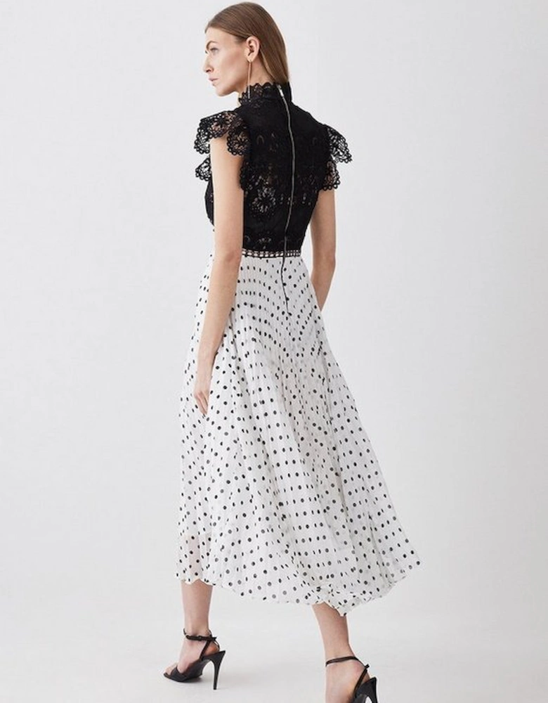 Guipure Lace Dot Pleated Skirt Midi Dress