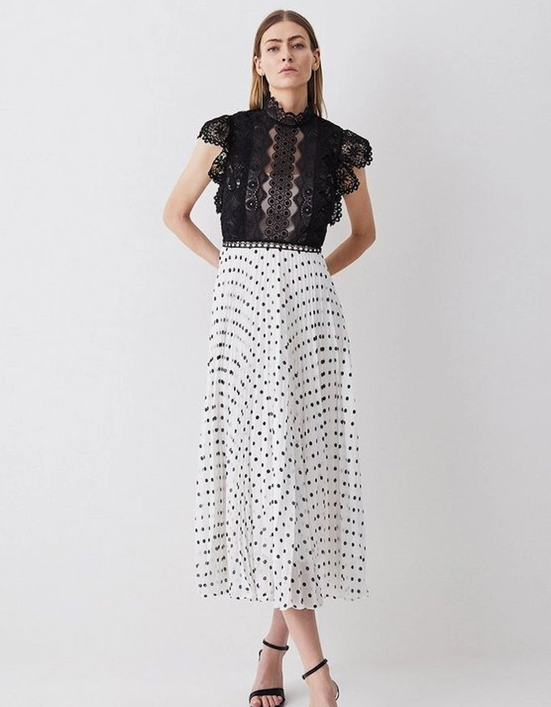 Petite Guipure Lace Dot Pleated Skirt Midi Dress, 5 of 4