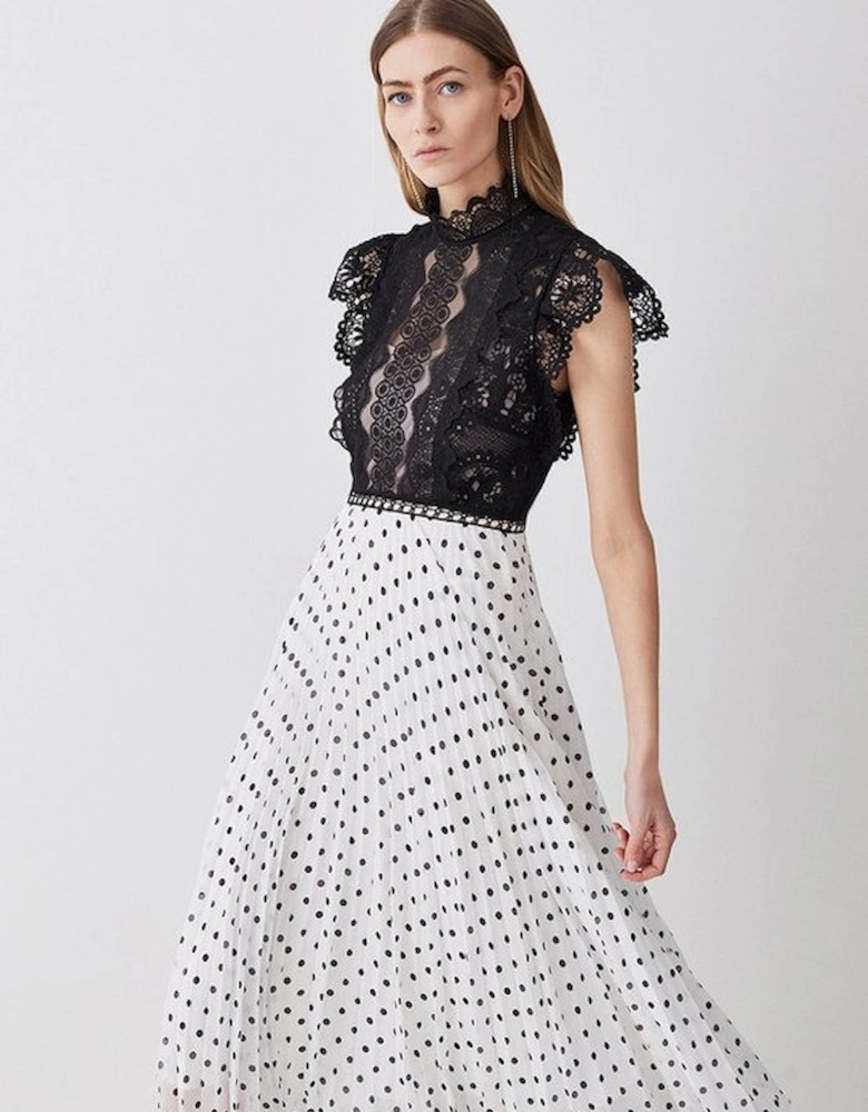 Petite Guipure Lace Dot Pleated Skirt Midi Dress
