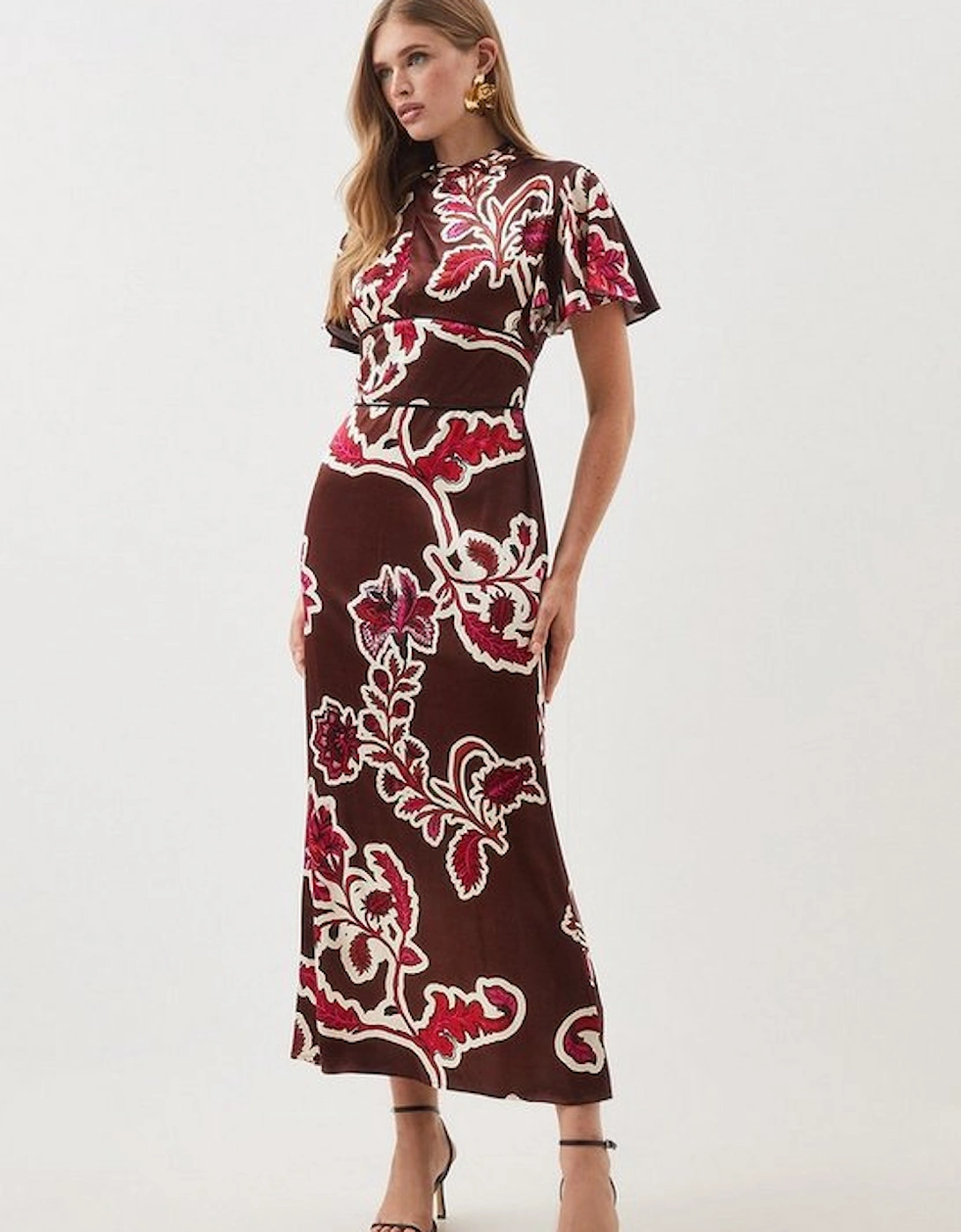 Batik Viscose Satin Angel Sleeve Woven Midi Dress, 5 of 4