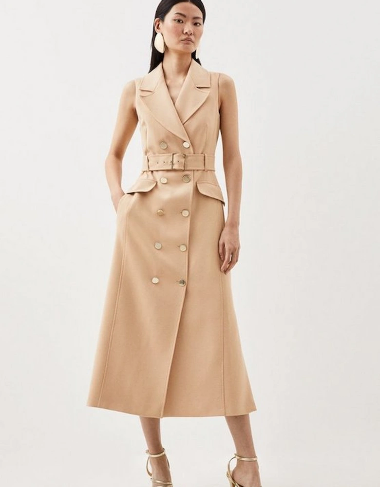Tailored Compact Stretch Double Breasted Belted Midi Dress