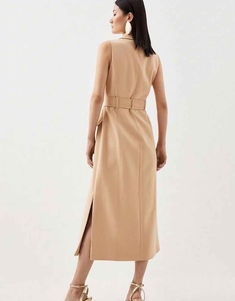 Tailored Compact Stretch Double Breasted Belted Midi Dress