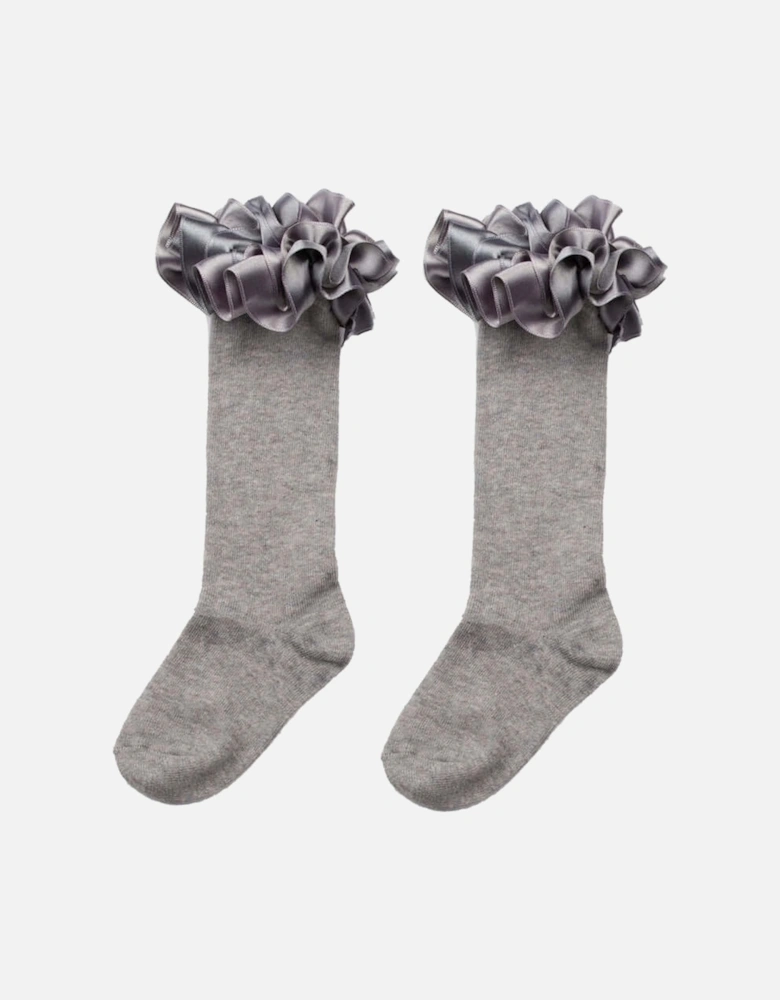 Girls Grey Ruffle Ribbon Knee Length Socks