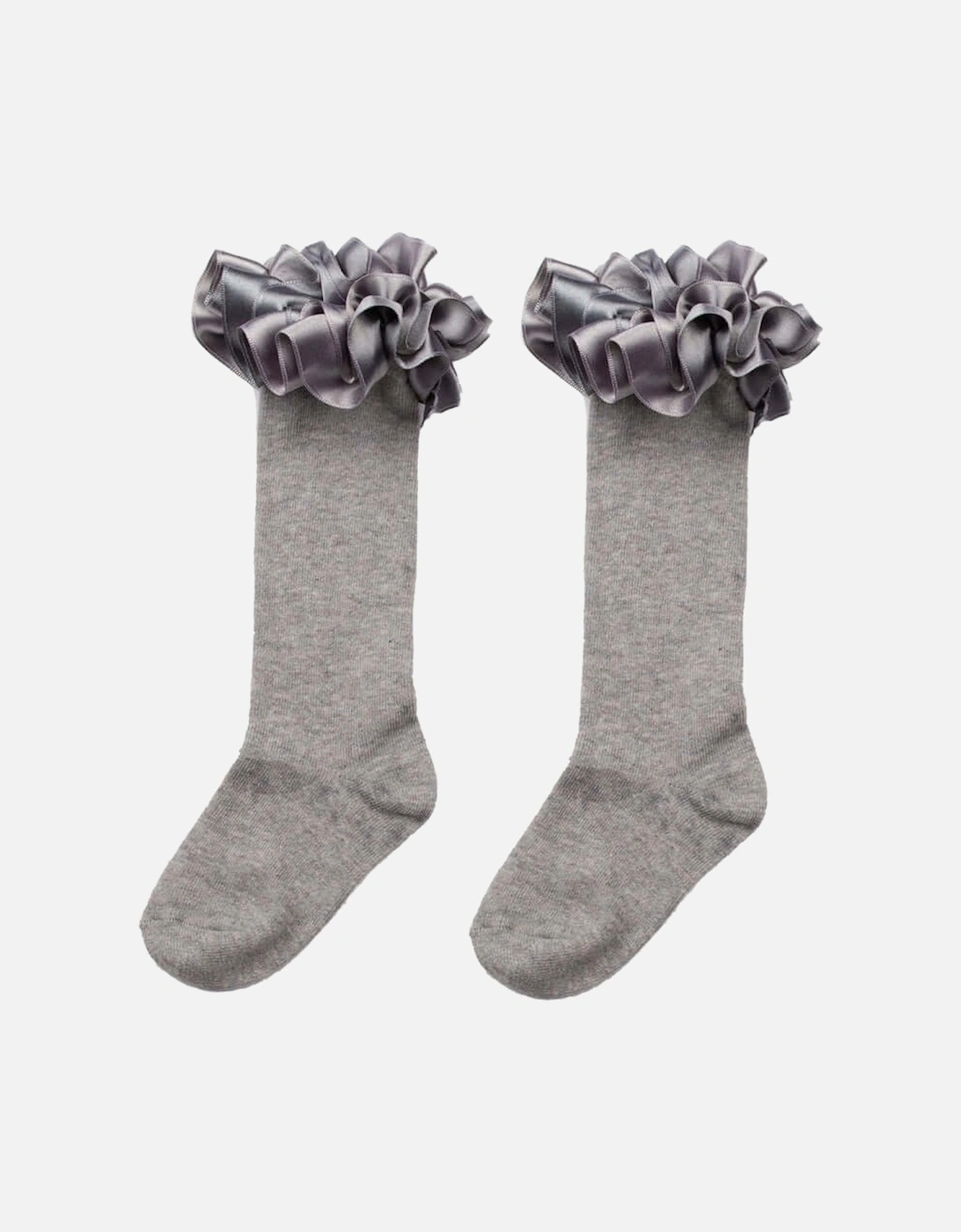 Girls Grey Ruffle Ribbon Knee Length Socks, 3 of 2