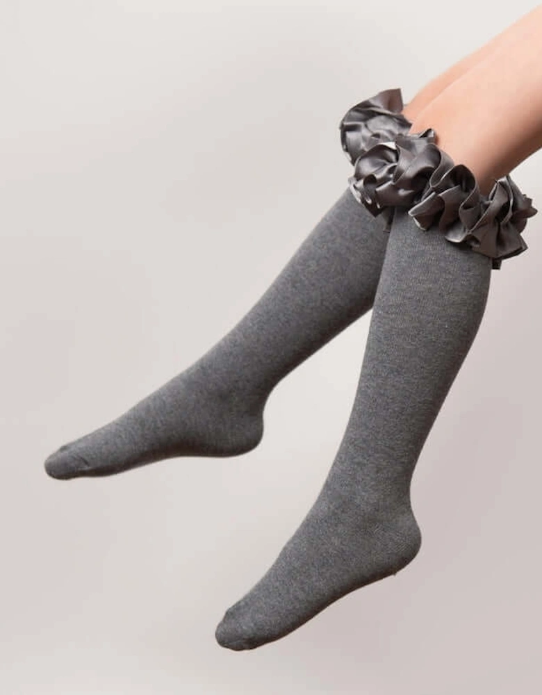 Girls Grey Ruffle Ribbon Knee Length Socks