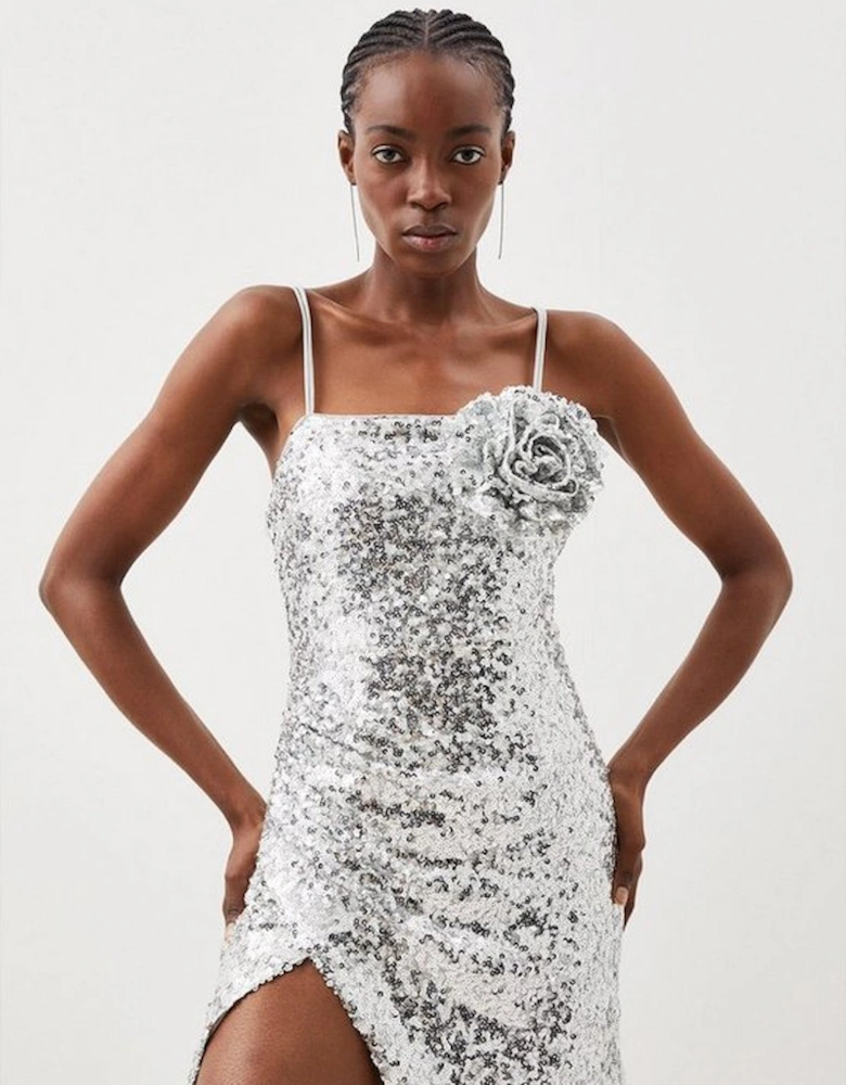 Sequin Corsage Ruched Split Detail Woven Mini Dress