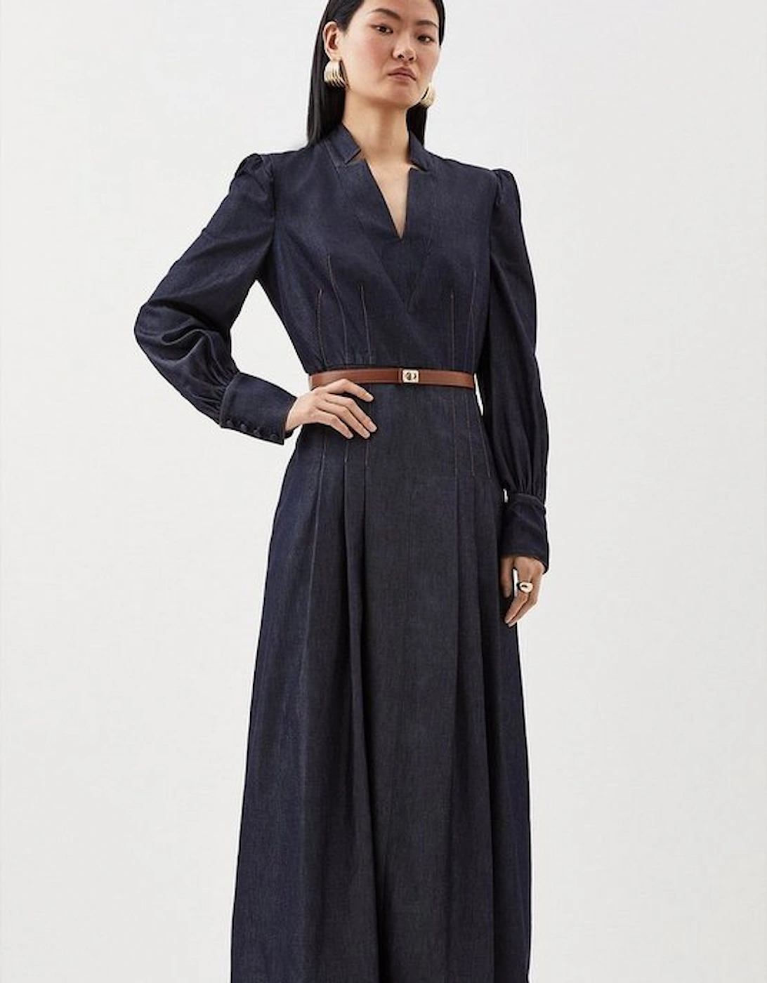 Tailored Denim Forever Belted Pleat Midi Dress, 5 of 4