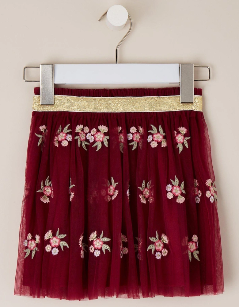 Flower Embroidered Mesh Tutu - Red