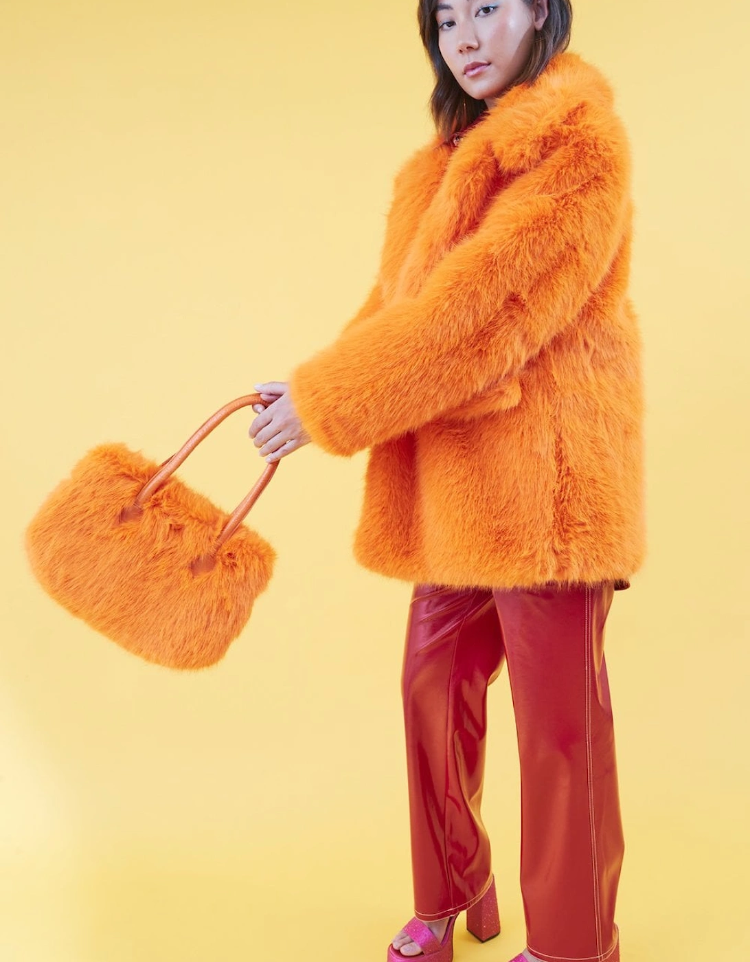 Faux Fur Orange Midi Coat